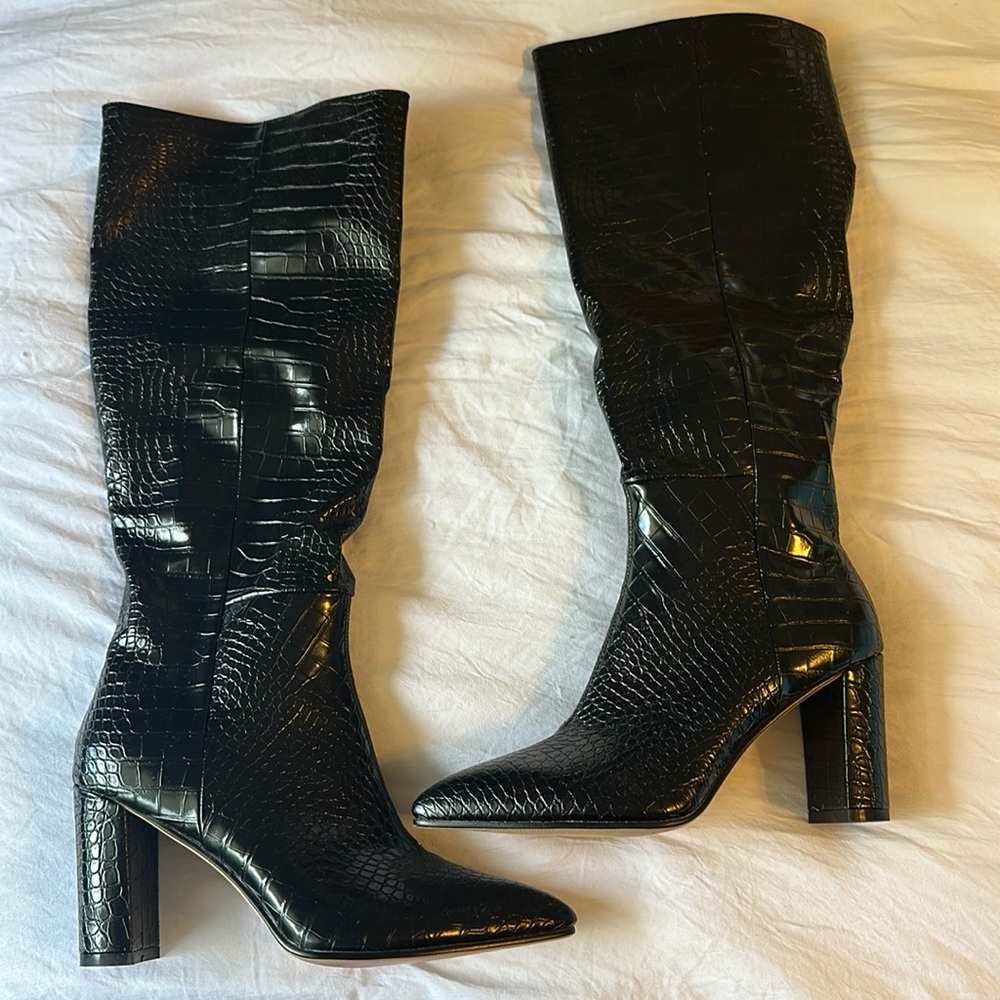 Black snake print mid calf boots